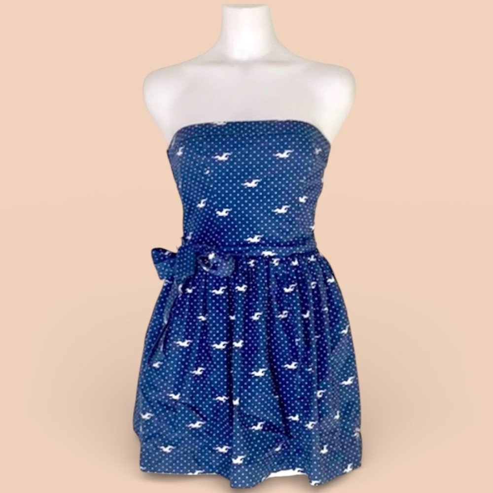 HOLLISTER MEDIUM Navy Strapless Midi Dress White Polka Dots and Seagull Print